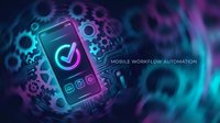 Mobile workflow automation concept with glowing smartphone displaying app interface surrounded by digital gears and neon cyan-magenta lighting, representing automated business processes and technology innovation.