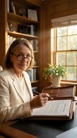 Mature woman with glasses wearing cream blazer writing in notebook at wooden desk in home office with bookshelves and window light for business, education, or professional work concepts.