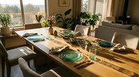 Warm sunlit dining room with wooden table set for meal, featuring green plates, plants, and cozy home interior design for lifestyle content.