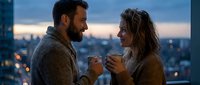 Man and woman holding mugs on high-rise balcony at dusk, sharing intimate moment with cityscape lights below, perfect for lifestyle and relationship content.