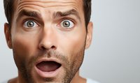 Caucasian man with shocked facial expression, wide eyes and open mouth showing surprise or disbelief against neutral background.