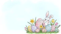 Cute Easter bunny with decorated eggs and spring flowers on grass, pastel colors for holiday greeting cards and seasonal decorations.