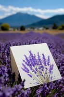 Watercolor lavender card displayed in blooming purple field with mountain landscape backdrop, ideal for wedding invitations or nature-inspired stationery.