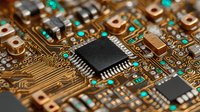Close-up macro view of computer motherboard with microprocessor chip, electronic components, circuits and copper traces for technology projects.