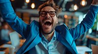 Excited Caucasian businessman in blue suit and glasses celebrating success with arms raised, expressing joy and achievement in modern office setting with bokeh lights.