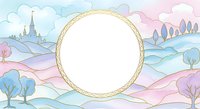Pastel fantasy landscape with golden rope frame and white circle space for text or logo on dreamy hills, castle, and trees background for design projects.