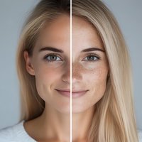 Young blonde woman with natural makeup and freckles shown in before and after comparison split photo against light background, demonstrating skin retouching effect.