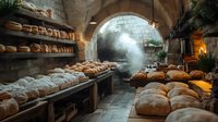 Freshly baked artisanal bread loaves on wooden shelves in rustic stone bakery with atmospheric steam and warm lighting, traditional European baking scene.
