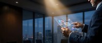 Businessman using transparent tablet with holographic interface in modern office at night overlooking city skyline for technology presentations.