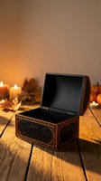 Open ornate wooden treasure chest with intricate carvings on rustic table surrounded by warm candlelight creating atmospheric mood for fantasy storytelling.