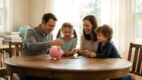 Caucasian family with two children learning about money and savings with pink piggy bank at wooden dining table in bright home interior.