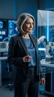 Mature woman with gray hair, Caucasian ethnicity, wearing dark business attire, presenting in a high-tech corporate environment with digital displays and blue lighting, suitable for business, technology, and leadership concepts.