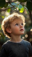 Young child with curly blonde hair gazing upward in wonder against natural green foliage background with soft bokeh lighting effect creating magical atmosphere.