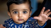 Adorable toddler with bright blue eyes wearing navy floral dress waves at camera, capturing pure childhood innocence and joy in candid portrait moment.