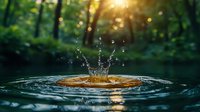 Water drop splash creating crown shape ripples on dark water surface with golden sunlight rays filtering through green forest background at sunset.