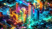 Futuristic cityscape with glowing neon skyscrapers and digital grid patterns in vibrant colors, creating modern urban technology concept for business and innovation.