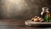 Amber glass bottle with almond oil and fresh almonds on wooden board. Natural skincare and aromatherapy concept with warm lighting and copy space.