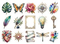 Botanical and vintage design elements collection featuring monstera leaf, monarch butterfly, peony flower, compass rose, artist palette, feather, olive branch, ornate frame, lightbulb, skeleton key, anatomical heart, sun, scroll banner, dragonfly, and watercolor paint tube isolated on white background for design projects.