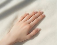 Young woman's hand with natural manicure resting on soft cream fabric in warm sunlight, evoking skincare, beauty, and wellness concepts.