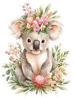 Adorable koala bear wearing floral crown with pink and peach flowers, surrounded by native Australian flora including protea and eucalyptus leaves. Watercolor style art.