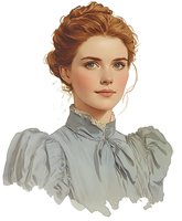Young woman with auburn hair and green eyes wearing Victorian-style gray dress with high collar and puff sleeves, painted in soft watercolor style on white background.