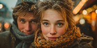 Young couple in warm winter clothing enjoying romantic evening outdoors with festive lights creating cozy holiday atmosphere for seasonal marketing campaigns.