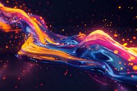 Vibrant fluid art with flowing orange, blue and purple colors creating dynamic waves against dark background, glowing particles add magical atmosphere.