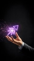 Hand of businessman in dark suit holding glowing purple neon arrow pointing upward with sparkling particles, symbolizing growth, success, and business advancement on black background.
