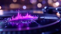 Glowing pink music visualization on vinyl record surface with bokeh lights creates magical audio spectrum display in purple and blue tones.