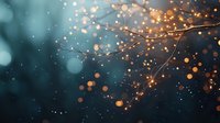 Magical glowing tree branch with golden bokeh lights against dark teal background, creating dreamy atmospheric nature scene for fantasy and enchanted forest designs.