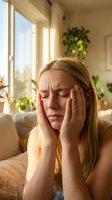 Young blonde woman experiencing headache or stress holding head in hands at home with natural sunlight and plants in cozy living room interior.