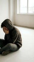 Depressed young man in hoodie sitting on floor covering face with hands in empty room with natural light from window showing mental health struggles.