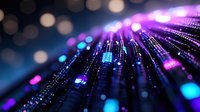 Abstract digital data streams with glowing purple and blue lights creating futuristic technology background with bokeh effects and flowing particles.