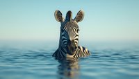 Zebra standing in calm blue water at sunrise, head above surface with reflection, creating serene African wildlife scene in natural habitat.