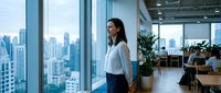 Professional businesswoman in white shirt standing by office windows overlooking city skyline. Corporate executive in modern workplace with urban view.