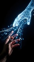 Digital wireframe hand reaching toward human hand with glowing data streams connecting artificial intelligence and humanity on dark background.