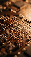 Close-up macro view of golden computer processor chip with intricate circuit patterns and warm bokeh lighting effects for technology presentations.