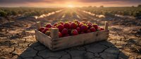 Fresh red apples in wooden crate on cracked drought soil during golden sunset. Agricultural harvest concept for food industry and farming business.