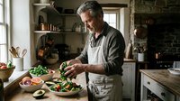 Middle-aged Caucasian man with gray hair preparing fresh salad in rustic farmhouse kitchen wearing apron. Home cooking and healthy eating lifestyle concept.