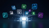 Digital technology concept with glowing icons floating above illuminated surface representing business innovation and connectivity solutions.