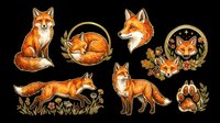 Cute red fox clipart set isolated on transparent background, featuring sitting, sleeping, running foxes, floral frames, and paw print for stickers, t-shirt design, print on demand.