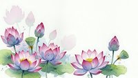 Watercolor lotus flowers and buds with green leaves on white background, isolated floral elements for greeting cards and decorative designs.