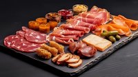 Appetizing charcuterie board with assorted cured meats, prosciutto, salami, cheese, nuts and dried fruits arranged on dark stone platter. Mediterranean antipasto platter.