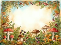 Vintage autumn forest frame with red and brown mushrooms, ferns, berries, and ornate botanical border on cream background. Suitable for invitations and designs.