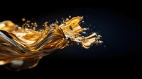 Golden liquid splash with dynamic motion and droplets dispersing against dark background, suitable for beverage, oil, and luxury product marketing materials.