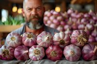 Fresh organic purple garlic bulbs arranged in rows with bearded mature farmer in background, selective focus on garlic heads showing natural texture and color.