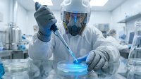 Scientist in protective suit and respirator working with blue liquid sample in sterile laboratory using pipette for research and chemical analysis.