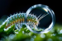 Macro photography of green caterpillar covered in morning dew drops, seen through water droplet lens effect against dark background, creating natural magnification.