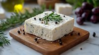 Creamy white cheese block topped with fresh rosemary and peppercorns on wooden board, surrounded by herbs and grapes for culinary and food styling projects.