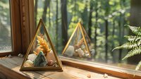 Glass pyramid terrarium with healing crystals and dried flowers on wooden windowsill against blurred forest background creates serene meditation atmosphere.